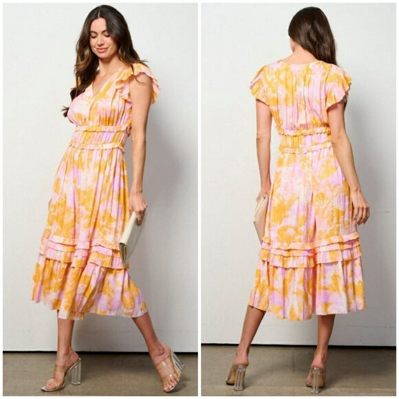 💕CURRENT AIR💕 Ruffle Sleeve V-Neck Elastic Waist Dress Floral Print Large NWT - Picture 1 of 16